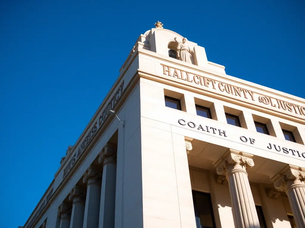 A close-up image of the Los Angeles County Hall of Justice, emphasizing the geographical area of service.