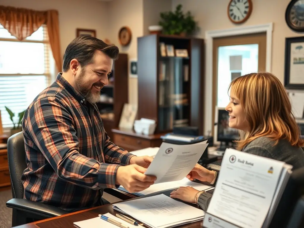 An image depicting a bail bonds agent handing over paperwork to a relieved client at a courthouse, symbolizing the quick release process.