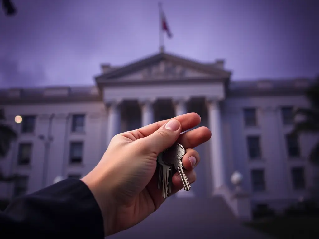 A close-up shot of a hand holding a set of keys, with a blurred background of a Los Angeles courthouse, symbolizing freedom and the bail bond process.