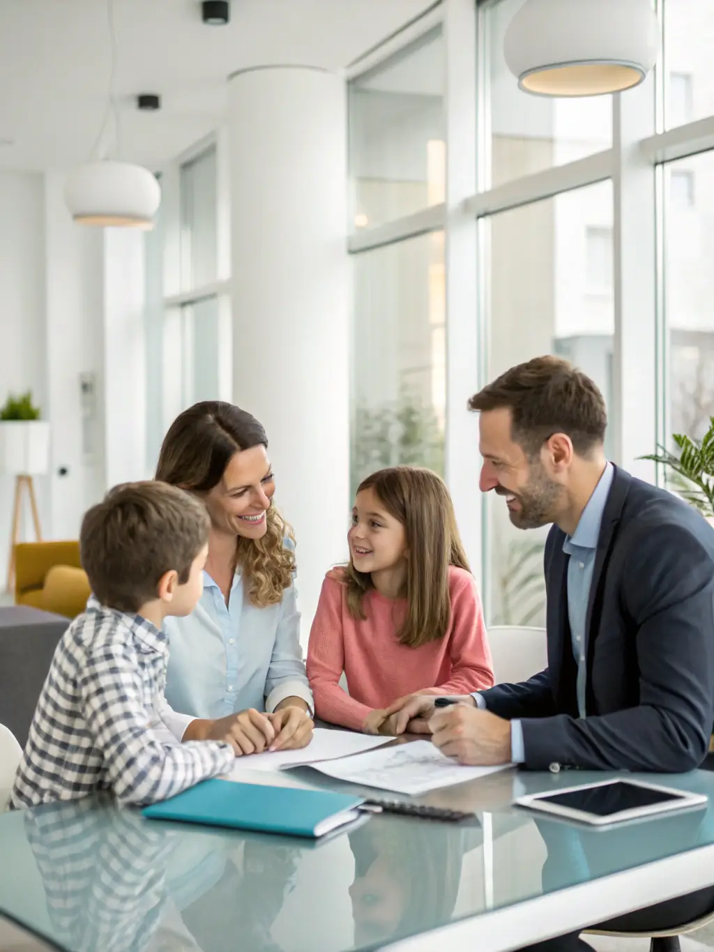A concerned family discussing bail options with a BBBail representative in a discreet office setting, emphasizing the initial consultation and understanding their needs.