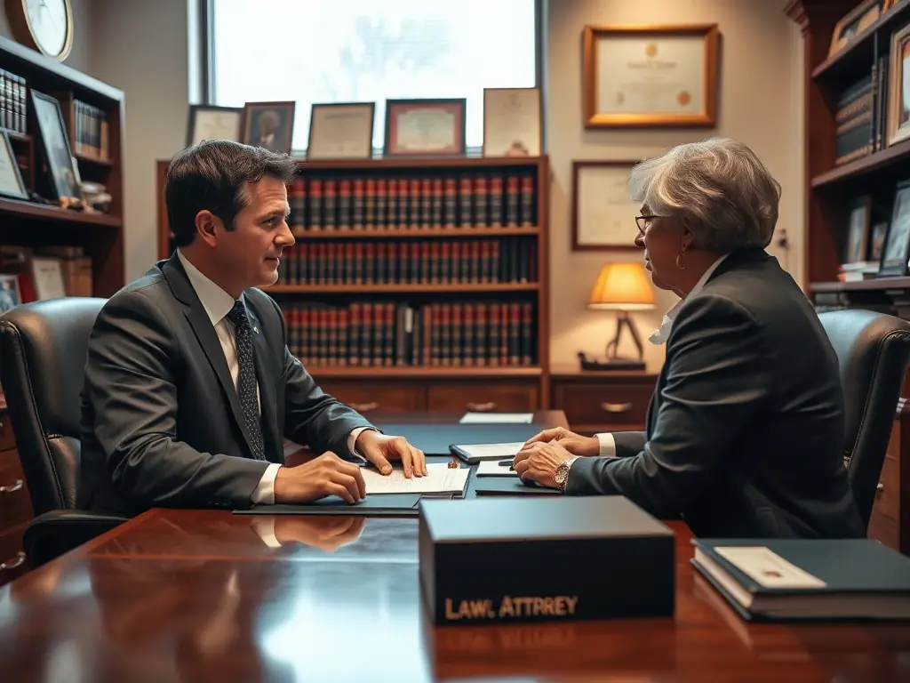 A professional criminal justice attorney in a well-lit office, consulting with a concerned client about bail bond options, emphasizing trust and understanding.